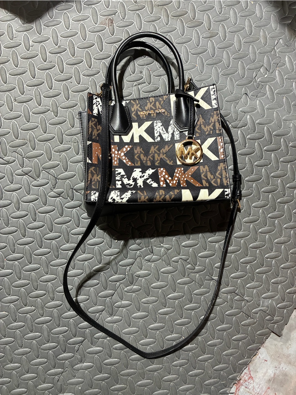 Michael Kors Brown, Black & Cream Logo Print Satchel with Gold MK Charm